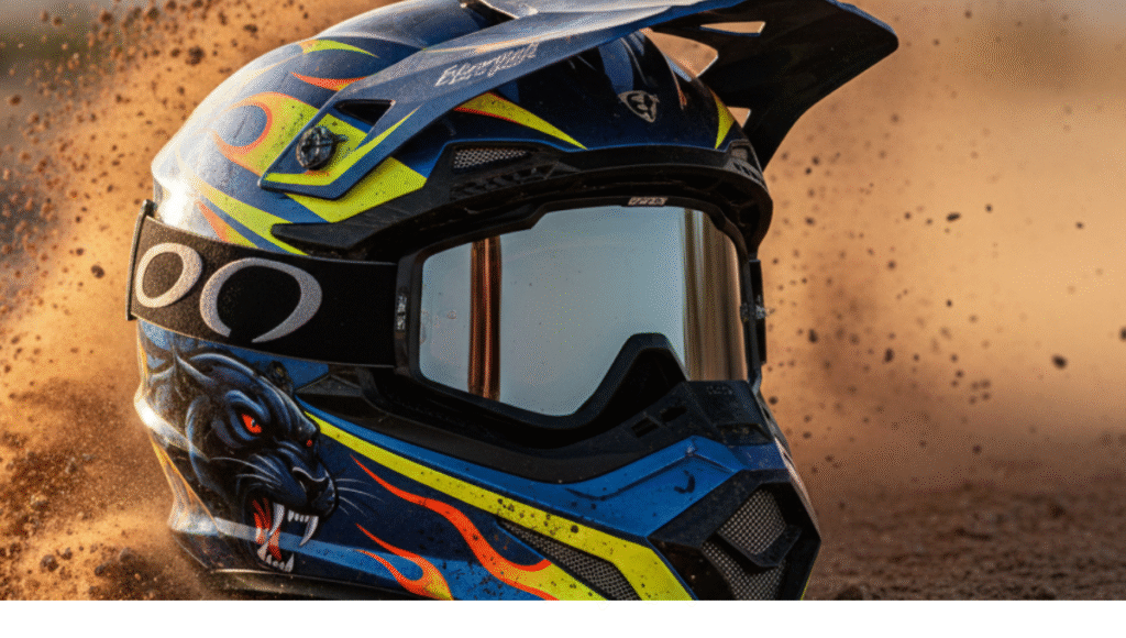dirt bike helmets lined up for trail riders